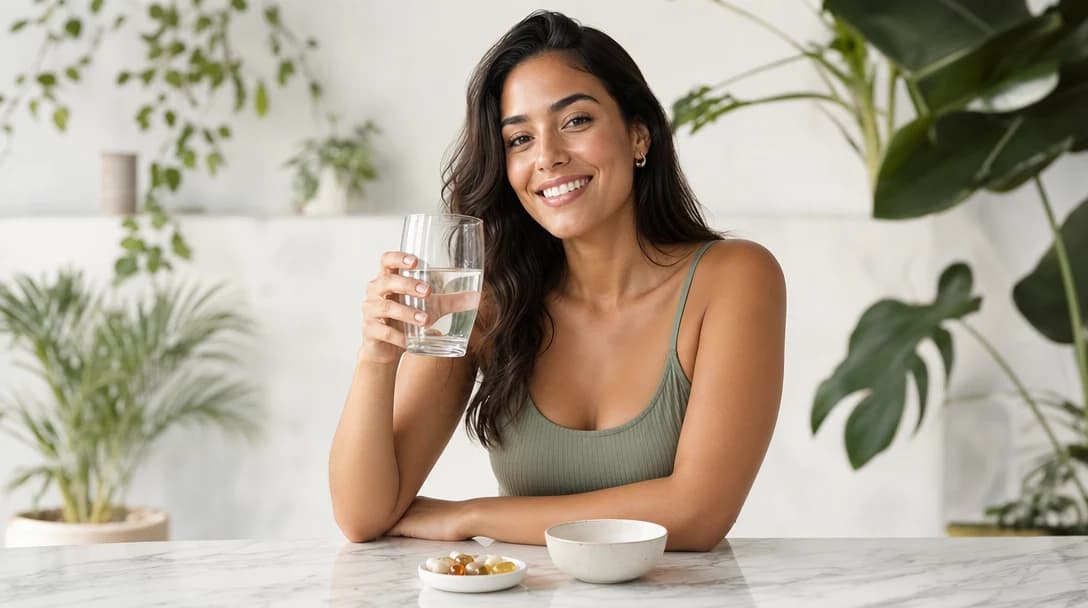 Mulher saudável com suplementos Bemestar